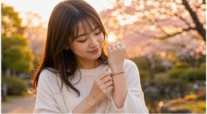 桜の咲く公園で左手のピンク色のミサンガを見つめる日本人女性