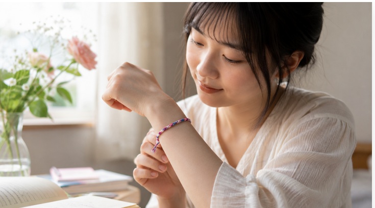 左手のカラフルなミサンガを見つめる日本人女性と、恋愛や勉強の願いを連想させるノートと花