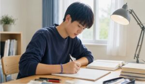 青紫のミサンガを左手に付け、机で集中して勉強する日本人学生